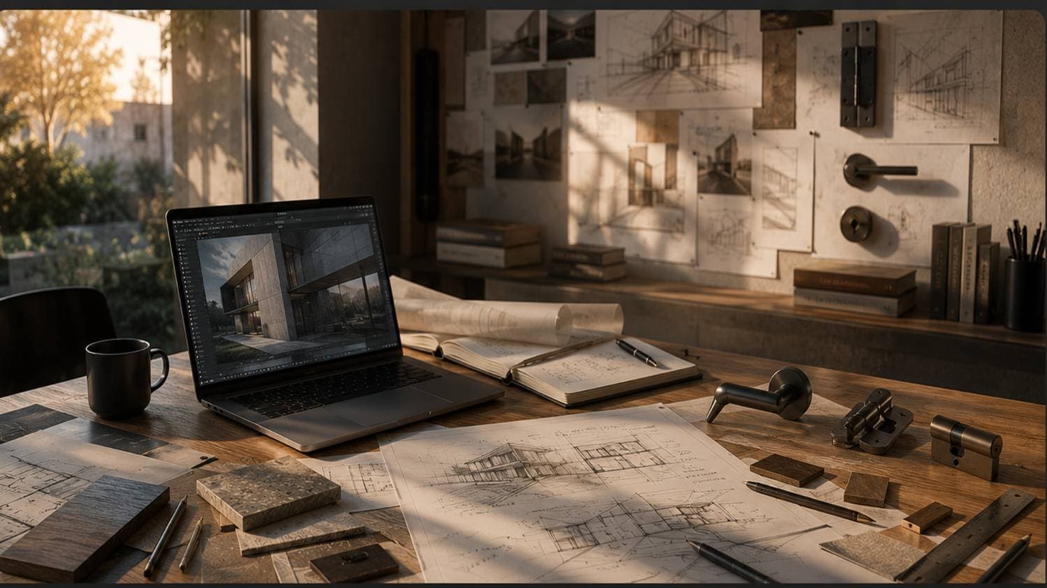 میز کار معمار با نقشه‌ها، نمونه‌های متریال و یراق‌آلات